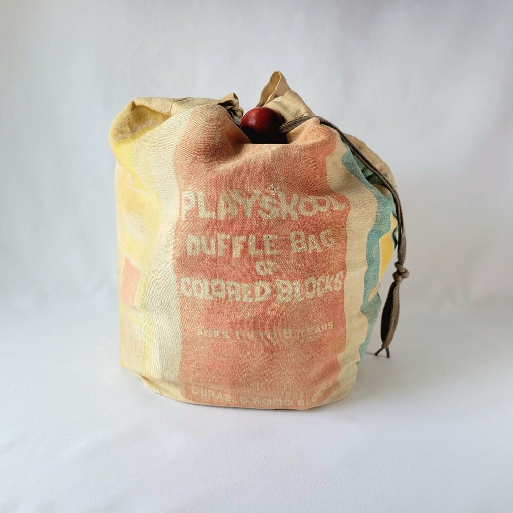 Vintage Playskool Duffle Bag Of Colored Blocks Durable Wood Educational Building